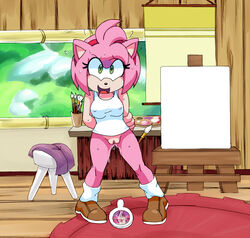 amy_rose amy_rose_(boom) bottomless clothing extraspecialzone female footwear fur furry furry_only hedgehog mammal mirror painting partially_clothed pussy pussy_juice sonic_(series) sonic_boom topwear