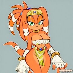 adapted_costume ai ai_generated alternate_breast_size_(larger) alternate_costume alternate_hairstyle animal_nose bandeau blue_eyes blue_gem bracelet breasts cleavage commentary_request cowboy_shot female forehead_jewel furry furry_female gem gloves hair_tubes headband high_ponytail highres jewelry korean_commentary large_breasts light_blush loincloth long_eyelashes long_hair looking_at_viewer milkchaotea orange_fur orange_hair pelvic_curtain ponytail sega smile solo sonic_(series) sonic_adventure sonic_the_hedgehog_(series) strapless tail tikal_the_echidna tube_top v_arms white_bandeau white_gloves