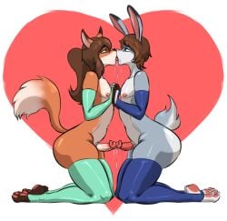 anthro armwear ass big_butt blue_eyes brown_hair canid canine clothing curvy_figure dittochad duo elbow_gloves femboy femboy/femboy feminine fox french_kissing friends_with_benefits fur gabby_summers_(oc) genitals gloves green_eyes hair handwear heart_symbol hi_res hypno_ashe_(oc) imminent_urethral_penetration kiss_on_lips kissing kneeling lagomorph legwear leporid love male male/male mammal mostly_nude multicolored_body multicolored_fur nipples pawpads paws penile penis penis_kissing penises_touching ponytail rabbit stockings thigh_highs tips_touching tongue