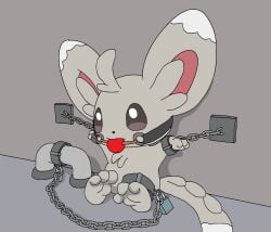 ambiguous_gender ball_gag bondage bound chained chains cuff_(restraint) darkovillain feral fur gag gagged generation_5_pokemon grey_body grey_fur hi_res iron_cuffs lock metal_cuffs minccino nintendo padlock pokemon pokemon_(species) restraints shackles simple_background solo