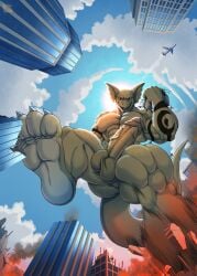 4_toes 5_fingers abs aircraft airplane anthro arm_tattoo balls biceps biped bodily_fluids brown_body building building_destruction city city_background city_crushing city_destruction cityscape claws crush daru_brek destruction dragon erection feet finger_claws fingers fire foreskin genital_fluids genitals hi_res house humanoid_genitalia humanoid_penis landscape_dwarfing looking_at_viewer low-angle_view macro macro_anthro macro_male male muscular muscular_anthro muscular_male mythological_creature mythological_scalie mythology nude open_mouth outside pawpads paws pecs penis rampage scalie sky smile solo stomping tail tattoo tephros toe_claws toes vehicle vein veiny_penis