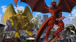 4_toes 5_fingers abs animal_genitalia animal_penis anthro avian balls beak biceps biped bodily_fluids brown_body brown_fur building building_destruction canine_genitalia canine_penis carpo city city_background city_crushing city_destruction cityscape claws crush cum cum_on_ground cumshot destruction dragon duo ejaculation erection feathered_wings feathers feet finger_claws fingers foot_crush fur genital_fluids genitals gryphon hi_res house knot landscape_dwarfing macro macro_anthro macro_male male masturbation muscular muscular_anthro muscular_male mythological_avian mythological_creature mythological_scalie mythology nude outside paws pecs penile penile_masturbation penis pyrozen rampage red_body red_scales scales scalie shaneinvasion sitting sky smile standing stomping tail toe_claws toes wings