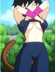 background boobs breasts clothed dragon_ball dragon_ball_super dragon_ball_z gine girl leggings saiyan saiyan_female solo tail taking_clothes_off tits