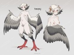 absurdres animal_ears bird_ears bird_legs bird_tail blush breasts claws commentary digitigrade english_commentary female female_pubic_hair gradient_hair grey_background grey_feathers grey_hair grey_wings highres looking_at_viewer medium_breasts multicolored_hair multiple_views navel nipples nude orange_eyes original pubic_hair short_hair tail talons twitter_username unreal_fish white_hair wings