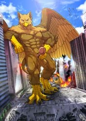 4_toes 5_fingers abs aircraft airplane anthro avian balls beak biceps biped brown_body brown_fur building building_destruction carpo city city_background city_crushing city_destruction cityscape claws destruction erection extreme_size_difference feathered_wings feathers feet finger_claws fingers fire fur genitals gryphon hi_res house jet landscape_dwarfing macro macro_anthro macro_male male masturbation military muscular muscular_anthro muscular_male mythological_avian mythological_creature mythology nude outside paws pecs penile penis rampage size_difference smile soldier solo stomping tail tank_(vehicle) tatugon toe_claws toes vehicle warrior wings