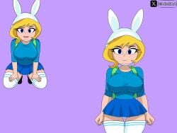 1girls adventure_time anal_object_insertion animal_hood artist_name ass backpack bag blonde_hair blue_shirt blue_skirt blue_sky blush breasts cartoon_network clothes_lift clothes_pull cloud day female fionna_and_cake fionna_campbell fionna_the_human_girl from_behind hi_res hood lake long_sleeves looking_at_viewer looking_back medium_breasts miztliart nipples no_bra no_panties object_insertion outdoors pussy rabbit_hood shirt shirt_lift skirt skirt_pull sky solo thighhighs uncensored water white_thighhighs