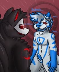 2023 animal_genitalia animal_penis anthro biped black_body black_sclera blue_hands blue_markings blue_nose blue_penis canid canine canine_genitalia canine_penis changed_(video_game) cheek_tuft colored davidylego digital_media_(artwork) duo english_text erection eye_contact facial_tuft fox fur genitals goo_creature hypnosis hypnotic_eyes looking_at_another male male/male male_focus male_only mammal markings mind_control open_mouth penis red_eyes red_markings spiral spiral_eyes standing text tuft white_body white_fur