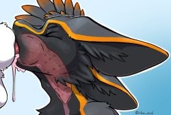 anthro avali bodily_fluids closed_eyes cum cum_in_mouth cum_inside deep_throat duo fur genital_fluids genitals gradient_background grey_body grey_fur hi_res knot knotted_penis knotting male male/male oral oral_knotting oral_penetration orange_body orange_fur penetration penile_spines penis pink_penis simple_background vikas vikas_avali white_body white_fur