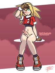 1futa 2d balls_on_leg blonde_hair blush bottomless capcom clothed clothing cock digital_media_(artwork) edited futa_only futanari irregular_fetishes looking_at_viewer medium_penis mega_man mega_man_legends partially_clothed penis roll_caskett shoes solo white_skin