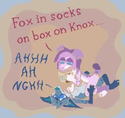 2026 abstract_background anthro anthro_on_anthro blue_body blue_fur canid canine canis cowgirl_position coyote demensa dialogue domestic_dog duo emil_(demensa) female female_on_top from_front_position fur hair half-closed_eyes hi_res lying male male_on_bottom mammal moan narrowed_eyes on_back on_bottom on_top pink_body pink_fur pink_hair purple_hair reading sex