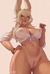 animal_ears bikini_tan blonde_hair bracelet breasts cleft_of_venus dark-skinned_female dark_skin female final_fantasy final_fantasy_xiv front-tie_top green_eyes hair_between_eyes hand_on_own_hip highres holy_meh jewelry large_breasts lilisette_illderthane_(lilisettexiv) lips long_hair looking_at_viewer navel pussy rabbit_ears solo tan tanlines uncensored viera warrior_of_light_(ff14) white_background