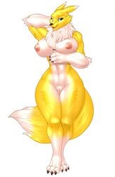 abs anthro big_breasts blue_eyes breasts canine chest_tuft digimon female female_only fox fur mammal markings muscular muscular_female nipples nude open_mouth pussy renamon smile solo thick_thighs thunder-renamon tuft white_fur wide_hips yellow_fur