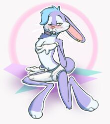 anthro big_bulge blue_hair buckteeth bulge clothed clothing ear_piercing ear_ring emenius erection fluffy fluffy_tail fur gloves hair half-closed_eyes handwear lagomorph leporid male mammal narrowed_eyes piercing purple_body purple_fur rabbit ring_piercing slim solo tail teeth tenting underwear underwear_only