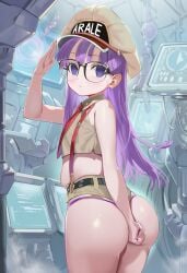 ai_generated arale_norimaki ass blush dr._slump empty_eyes expressionless glasses hypnosis long_hair mind_control purple_hair