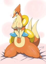 anthro areola big_breasts biidama blush breasts female floatzel kneeling looking_at_viewer mammal mustelid navel nintendo nipples nude pokemon pose pussy simple_background smile solo video_games