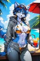 1woman ai_generated anthro aqua_eyes aqua_eyes_female beach bikini bikini_bottom bikini_top black_mascara blue_fur blue_hair blue_hair_female blue_hour body_fur breast_tattoo canid canine canis coast crotch_tattoo drink drinking_glass female female_furry female_only fluffy_tail fox fox_ears fox_tail fox_woman furry furry_female furry_fox furry_only gem gold_bikini grey_hoodie grey_jeans holding_drink holding_drinking_glass hoodie hourglass_figure hourglass_figured_female iced_drink jeans jewelry krystal_(star_fox) large_breasts mascara mature_female nintendo ocean palm_trees pendant smile smiling smiling_at_viewer smiling_female smirk smirking smirking_at_viewer smirking_face solo star_fox summer sunglasses sunglasses_on_head sunny tattooed tattooed_female tattooed_furry tattoos unzipped_hoodie unzipped_jeans white_fur