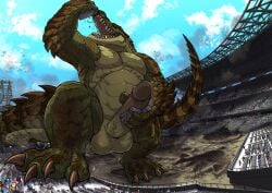 4_toes 5_fingers abs anthro balls biceps biped building building_destruction building_sex carnak_(carpo) city city_background city_crushing city_destruction cityscape claws crocodile crocodilian crush destruction detailed_background erection extreme_size_difference feet finger_claws fingers footprint genitals green_body hi_res house humanoid_genitalia humanoid_penis landscape_dwarfing macro macro_anthro macro_male male masturbation muscular muscular_anthro muscular_male nude open_mouth oral_vore outside pawprint paws pecs penile penile_masturbation penis rampage reptile scalie size_difference sky solo stadium stomping tail tatugon teeth toe_claws toes tongue vore