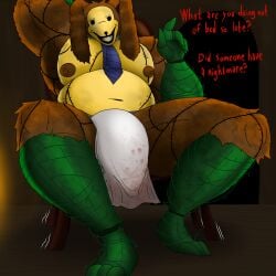 bara bulge bulge_through_clothing bulge_under_clothes chair daddy daddy_kink dialogue dilf dirty fat fat_ass fat_male horror horror_(theme) loincloth looking_at_viewer lorenzo_waterman_(the_walten_files) m4n male mask mature_male moobs muscular muscular_anthro muscular_male muscular_thighs necktie nipples older_male overweight overweight_male patchwork_creature patchwork_skin pecs pumpkin_rabbit_(the_walten_files) scary sitting smile smiling smiling_at_viewer spread_legs spreading spreading_legs stitches talking talking_to_viewer the_return_of_the_pumpkin_rabbit the_walten_files thicc thick_thighs tie triceps