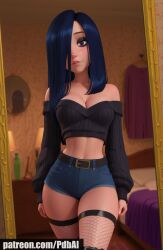 ai_generated baggy_clothing bare_midriff bare_shoulders black_hair breasts cleavage disney fishnets goth goth_girl hotpants long_hair pdbai slim_waist tagme the_incredibles violet_parr