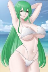 aslindsamure beach fairy_tail green-haired_female green_hair hisui_e._fiore large_breasts long_hair smile swimsuit