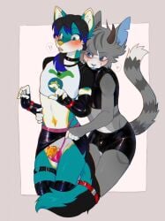 5_fingers accessory anthro arm_warmers armwear assisted_exposure avalon_(minteaminty) belly black_choker black_hair black_jewelry black_latex black_necklace blue_body blue_eyes blue_fur blue_highlights blue_inner_ear blue_nose blue_tongue blush bodily_fluids border bottomwear boy_shorts bracelet bulge canid canine canis chastity_cage chastity_device choker claws clothed clothing clothing_lift crop_top dipstick_ears domestic_cat domestic_dog duo ear_markings embarrassed exclamation_point felid feline felis femboy/femboy finger_claws fingers fur furgonomics g-string genital_fluids glistening glistening_clothing gold_(metal) gold_chastity_cage gold_chastity_device golden_markings grey_body grey_border grey_fur grey_hair hair heart_symbol hi_res highlights_(coloring) horn husky inner_ear_fluff jewelry latex latex_bottomwear latex_clothing latex_crop_top latex_shirt latex_shorts latex_skirt latex_topwear leaking_precum legband legwear looking_down looking_down_at_self male male/male mammal markings minteaminty mischievous_smile multicolored_body multicolored_ears necklace nordic_sled_dog paw_symbol pink_g-string precum raised_tail red_bracelet rin_(frayerxz_daniel) shirt shorts simple_background skirt skirt_lift spitz star_symbol striped_markings striped_tail stripes stylized_chastity_cage surprised tail tail_accessory tail_down tail_markings tailband teasing thigh_highs thighband tongue tongue_out topwear tuft underwear wearing_chastity_cage wearing_chastity_device white_background white_belly white_body white_fur yellow_nose