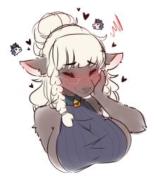 bell big_breasts blush closed_eyes collar female furry glasses goat goat_girl grey_fur petting smile smiling white_background white_hair