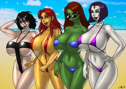 2010s 2012 4girls aged_up alternate_breast_size atlee beach bikini bob_cut breasts busty cerberuslives cleavage dc dc_comics eyeliner large_breasts lipstick miss_martian multiple_girls rachel_roth raven_(dc) sling_bikini starfire teen_titans voluptuous wilko young_justice