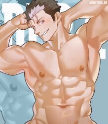 1boy abs absurdres armpits bara dooyong_9n highres large_pectorals male male_focus male_only multicolored_hair muscular muscular_male navel nipples pectorals short_hair smile solo streaked_hair tadera_ryuu twitter_username two-tone_hair variant_set yomi_no_tsugai