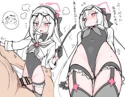 1boy 1girls black_one-piece_swimsuit black_thighhighs blue_archive blush breasts censored clothed_female_nude_male commentary_request covered_navel cropped_shirt female goggles goggles_on_head grinding hair_between_eyes hairband halo highleg highleg_one-piece_swimsuit highres kei_(blue_archive) kei_(new_body)_(blue_archive) light-skinned_female light-skinned_male light_skin long_hair long_sleeves looking_to_the_side millennium_science_school_student multiple_views neckerchief nude one-piece_swimsuit paranormal_affairs_department_(blue_archive) penis pink_eyes sailor_collar senbei_(avocadochaya) shirt sidelocks small_breasts straight swimsuit thigh_sex thighhighs thighs translation_request very_long_hair white_hair white_sailor_collar white_shirt