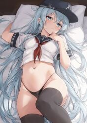 blue_eyes blush female flat_cap grey_hair hair_between_eyes hat hibiki_(kantai_collection) highres k_jie kantai_collection long_hair looking_at_viewer lying neckerchief on_bed panties sailor_collar school_uniform serafuku shirt short_sleeves solo thighhighs underwear white_hair white_shirt