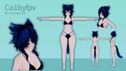 bikini blue_eyes blue_fur blue_hair bra co1by female flower fox_ears fox_girl fox_tail panties reference_sheet small_breasts vrchat vrchat_avatar