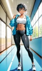 1girls abs ai_generated anime_nose artist_name blue_eyes breasts brown_hair collarbone commentary dark-skinned_female earrings english_commentary eyelashes female female_only grey_background head_tilt highres hood hood_down hoodie human jewelry large_breasts light_smile looking_at_viewer medium_breasts midriff mole mole_under_mouth off_shoulder one-punch_man open_clothes open_hoodie pink_lips pixie_cut rcos short_hair solo sports_bra star_(symbol) star_earrings suiko_(one-punch_man) tomboy toned toned_female upper_body very_short_hair