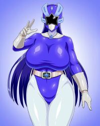 blue_hair bodysuit ero_kojiki gloves massive_breasts serious solo super_sentai superheroine very_long_hair