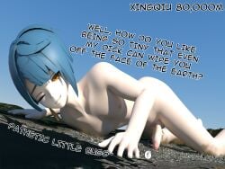 2boys 3d 3d_(artwork) blue_hair chongyun_(genshin_impact) city city_destruction cityscape comic genshin_impact giant giga_macro grinding keynor light_skin looking_down macro penis smug text xingqiu_(genshin_impact) yaoi