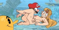1girls 2boys areolae bandai_namco battlefield_(super_smash_bros) being_watched blonde_hair breasts caught caught_in_the_act crossover gadzooks hat lying mario mario_(series) missionary_position moustache nintendo nipples pac-man pac-man_(series) pink_nipples princess_zelda sex super_smash_bros. super_smash_bros._ultimate the_legend_of_zelda zelda_(a_link_between_worlds)