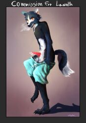 absurd_res animal_genitalia animal_penis anthro average_penis bodily_fluids canid canine canine_genitalia canine_penis cigarette clothing cross cum dire_wolf ear_piercing ear_ring genital_fluids genitals hi_res luzenith_lawchi male mammal mr.foxman penis piercing prehistoric_species ring_piercing solo swimming_trunks swimwear wardrobe_malfunction