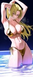 1girls abs ai_generated athletic_female blonde-haired_female blonde_hair fit_female hoshino_akarii hourglass_figure huge_breasts human human_female jujutsu_kaisen large_breasts light-skinned_female mature_female navel red_eyes slim_waist solo thick_thighs water wide_hips yuki_tsukumo