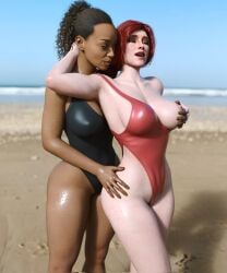 2girls 3d alan_wake_2 armpits beach breast_grab breasts cd_projekt_red closed_eyes crossover dark-skinned_female dark_skin freckles hip_grab light-skinned_female light_skin mascara nipples red_hair saga_anderson sea swimsuit tekonsfw the_witcher_(series) the_witcher_3:_wild_hunt triss_merigold wet_body yuri
