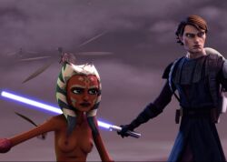 1boy 1girls ahsoka_tano alien alien_girl alien_humanoid anakin_skywalker armor backpack blue_clothing blue_eyes blue_lightsaber breasts brown_hair canonical_scene clone_wars cloud duo edit facial_markings female front_view horn human human_male jedi jedi_knight jedi_padawan lightsaber lips male markings medium_breasts melee_weapon nipples no_sex nude nude_female nudity orange_body public public_nudity purple_background screencap screenshot_edit star_wars sword teenager tentacle_hair the_clone_wars_(movie) togruta topless topless_female upper_body vambraces weapon white_markings