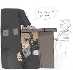 aizawa_shouta cum cum_on_face eraserhead face_closeup gay hidden_sex hizashi_yamada lorret no_visible_genitalia present_mic self_upload text under_the_table yaoi