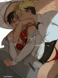 1boy 1girls ambiguous_penetration femsub larger_male meryl_stryfe office_lady petite_female shesdeny trigun vash_the_stampede