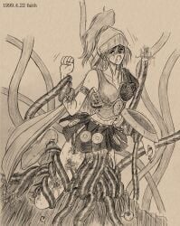 1999 armor defeated defeated_heroine faith_(artist) faith_(sbi) female_knight implied_penetration monochrome multiple_vaginal_insertions pained_expression restrained_by_tentacles tentacle_rape tentacle_under_clothes vaginal_penetration