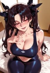 1girls ai_generated alternate_breast_size balecxi bangs bare_shoulders black_hair black_ribbon black_sports_bra blush breasts brown_hair clavicle cleavage clothing collarbone curvaceous curvaceous_female curvaceous_figure curvy curvy_figure earrings fate_(series) female female_focus female_only from_above gold_earrings hair_ornament hair_ribbon half-closed_eyes hand_on_own_chest hoop_earrings indoors inviting inviting_to_sex ishtar_(fate) jewelry large_breasts leggings long_hair looking_at_viewer navel on_bed open_mouth pants parted_bangs presenting presenting_ass presenting_breasts presenting_hindquarters presenting_pussyalternate_costume presenting_self red_eyes ribbon seductive seductive_look seductive_smile sitting smile solo sports_bra thighs tight_clothes tight_pants twintails two_side_up voluptuous voluptuous_female yoga_pants