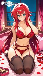 1girls 2026 ai_assisted ai_generated anime artist_name bed bed_sheet big_breasts bra breasts bust busty curtains explicit garter_belt garter_straps hi_res high_quality high_resolution high_school_dxd highres indoors large_breasts long_hair looking_at_viewer navel night night_sky on_bed open_window panties patreon patreon_username petals pillow red_bra red_hair red_panties rias_gremory rose rose_petals skypassion smile solo stable_diffusion thighhighs underwear valentine's_day very_long_hair watermark window