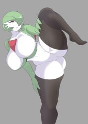 1girls ass big_breasts bluee female fringe game_freak gardevoir generation_3_pokemon green_hair hand_on_leg hi_res huge_breasts humanoid large_breasts legs_up legwear looking_at_another mature_female navel nintendo one_eye_covered one_eye_obstructed one_leg_raised one_leg_up palaeblue pale_skin pokemon pokemon_(species) pokemon_rse pose red_eyes short_hair side_view solo standing standing_on_one_leg thick_legs thick_thighs voluptuous younger_female
