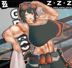 1girls 3d 3d_(artwork) abs big_breasts black_hair breath breath_cloud buff chiseled_abs chiseled_body clothed clothing cockrochi female female_focus female_only fence goggles goggles_on_forehead goggles_on_head grace_howard high_resolution highres huge_breasts light-skinned_female light_skin looking_at_viewer massive_breasts muscular muscular_female orange_eyes painted_nails pants pinup railing solo solo_female sports_bra sweat sweatdrop sweaty sweaty_body tattoo towel zenless_zone_zero