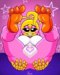 1girls animatronic animatronic_female animatronic_girl ass ass_focus ass_grab beak black_eyes chicken chicken_girl chicken_humanoid clothed clothed_female digital_drawing_(artwork) fanart fanart_from_twitter feet feet_fetish feet_up five_nights_at_freddy's five_nights_at_freddy's_2 fnaf foot_fetish orange_beak pijama pink_background pink_cheeks shark_teeth sole_female soles t-zarts toes toy_chica_(fnaf) yellow_skin