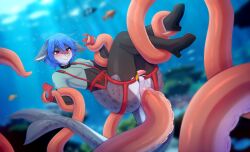 absurd_res anal anal_sex anthro arm_grab ass balls belt blue_hair blush boots cephalopod clothing coleoid ear_piercing facial_piercing fangs femboy fish footwear genitals gloves grey_body hair handwear hi_res humanoid_genitalia humanoid_penis leg_grab legwear male marine markings mollusk nose_piercing octopodiform octopus penetration penis piercing red_eyes shark shoes shudayuda smile solo spots stockings suction_cup teeth tentacle tentacle_penetration underwater water