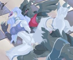 2025 anthro balls bedroom_eyes big_balls big_breasts black_body blue_eyes blush bodily_fluids bottomwear bottomwear_around_one_leg bottomwear_down breasts clitoris clothing clothing_around_one_leg crop_top cum cum_in_vagina cum_inside dark-moltres digital_drawing_(artwork) digital_media_(artwork) dragon duo ear_piercing ear_ring erect_nipples eyewear female female_penetrated from_behind_position fur furred_dragon furred_scalie generation_5_pokemon genital_fluids genitals keyla_the_reshiram_(dark-moltres) leg_grab legendary_pokemon lipstick lying makeup male male/female male_penetrating male_penetrating_female muscular muscular_anthro muscular_male mythological_creature mythological_scalie mythology narrowed_eyes navel nintendo nipple_outline nipples on_ground on_side penetration piercing pokemon pokemon_(species) red_eyes reshiram ring_piercing scalie seductive sex shirt shorts shorts_around_one_leg spoon_position stretched_vagina sunglasses tail text text_on_clothing thick_thighs topwear vein veiny_balls white_body white_fur wings zekrom