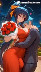 1boy 1futa 2026 ai_assisted ai_generated akeno_himejima anime artist_name big_breasts blue_hair bouquet breasts building bulge bust busty city_lights cityscape cleavage closed_eyes dress duo explicit flower futanari hi_res high_quality high_resolution high_school_dxd highres himejima_akeno holding_bouquet large_breasts long_hair male multiple_penises night night_sky patreon patreon_username penis red_dress red_flower red_rose rose rose_petals sky stable_diffusion tsukoneko watermark yellow_ribbon